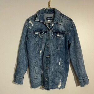 Maurices‎ Acid Wash Distressed Denim Jacket Blue Frayed Hem Small